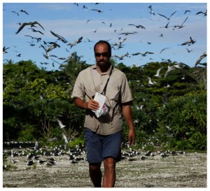 Chris with a bunch of seagulls