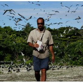 Chris with a bunch of seagulls